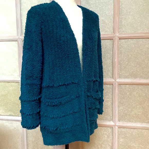 Barefoot Dreams Fringe Cardigan CozyChic Boardwalk Open Front Teal XS - Picture 4 of 9